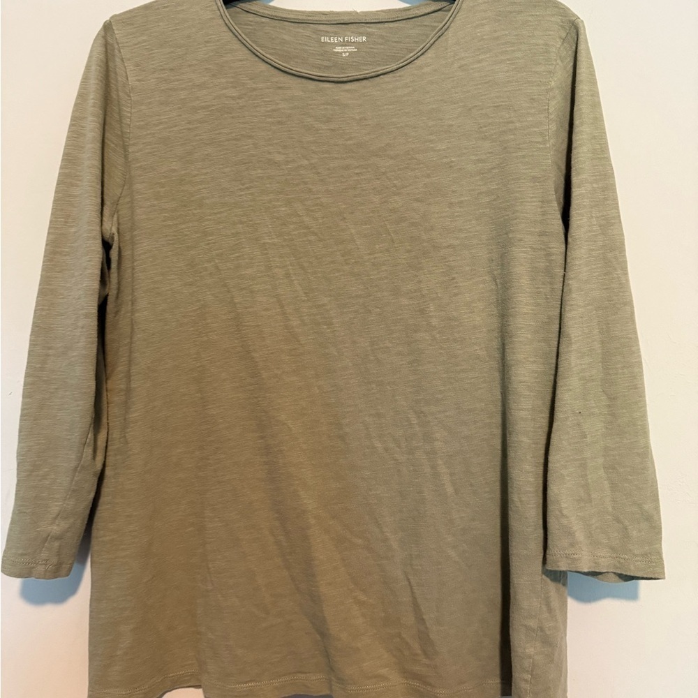 Eileen Fisher Organic Cotton 3/4 Sleeve Pullover Sweater Small Green